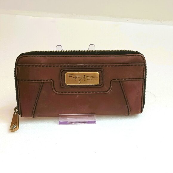 Fossil Fifty Four Vintage Wallet Women's Brown Leather Long Zip Around - Picture 1 of 15